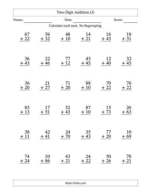 The Two-Digit Addition With No Regrouping – 36 Questions (J) Math Worksheet