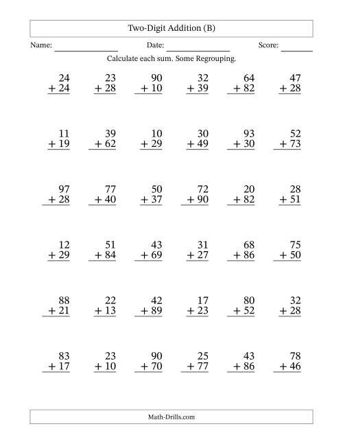The Two-Digit Addition With Some Regrouping – 36 Questions (B) Math Worksheet