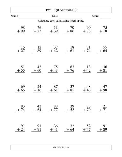 The Two-Digit Addition With Some Regrouping – 36 Questions (F) Math Worksheet