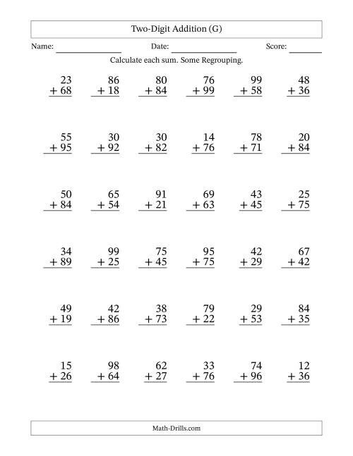 The Two-Digit Addition With Some Regrouping – 36 Questions (G) Math Worksheet