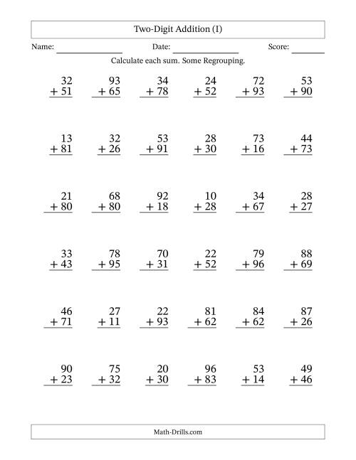 The Two-Digit Addition With Some Regrouping – 36 Questions (I) Math Worksheet