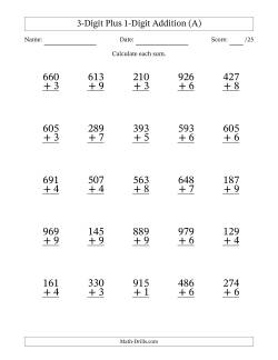 3-Digit Plus 1-Digit Addition With Some Regrouping (25 Questions)