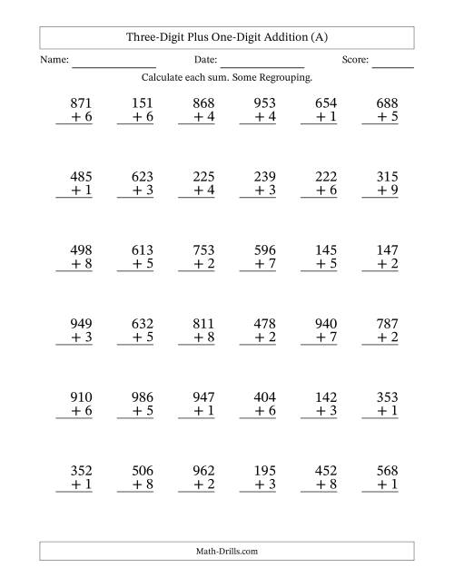 The Three-Digit Plus One-Digit Addition With Some Regrouping – 36 Questions (A) Math Worksheet