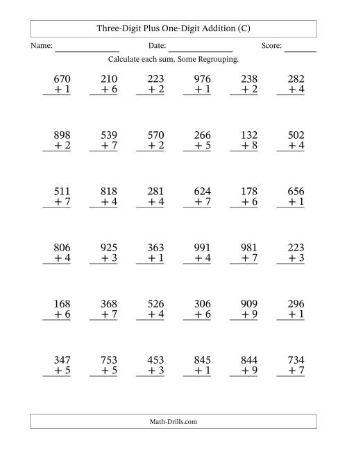 The Three-Digit Plus One-Digit Addition With Some Regrouping – 36 Questions (C) Math Worksheet