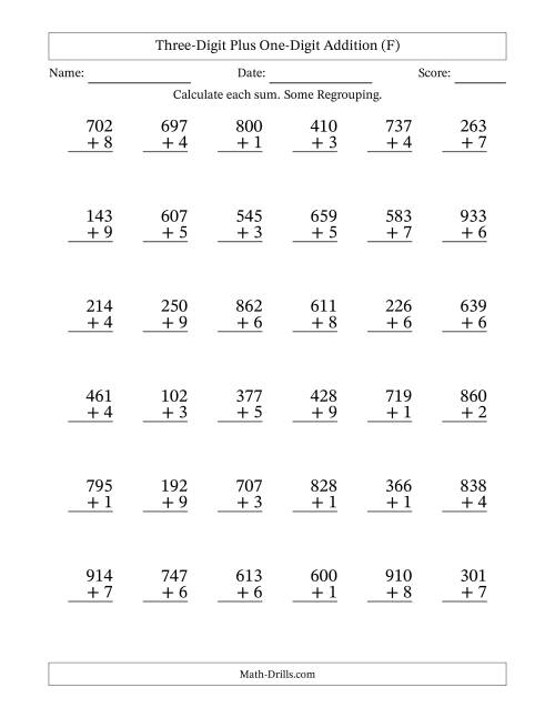 The Three-Digit Plus One-Digit Addition With Some Regrouping – 36 Questions (F) Math Worksheet