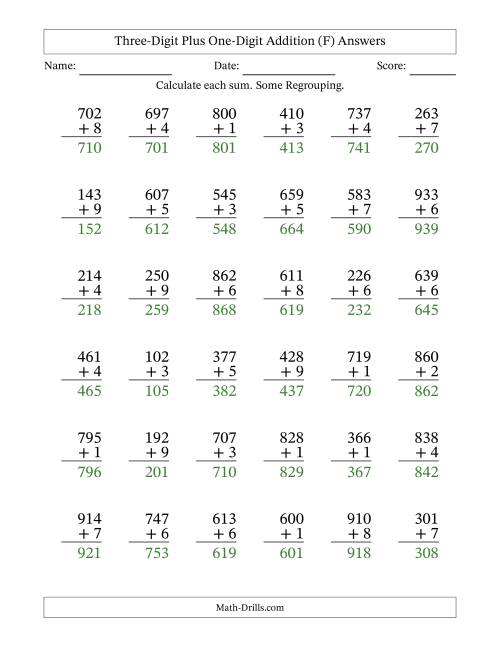 The Three-Digit Plus One-Digit Addition With Some Regrouping – 36 Questions (F) Math Worksheet Page 2