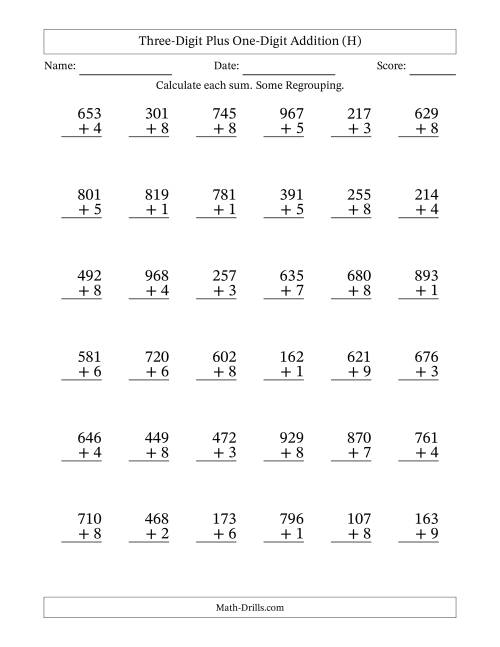 The Three-Digit Plus One-Digit Addition With Some Regrouping – 36 Questions (H) Math Worksheet