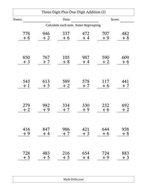 The Three-Digit Plus One-Digit Addition With Some Regrouping – 36 Questions (J) Math Worksheet