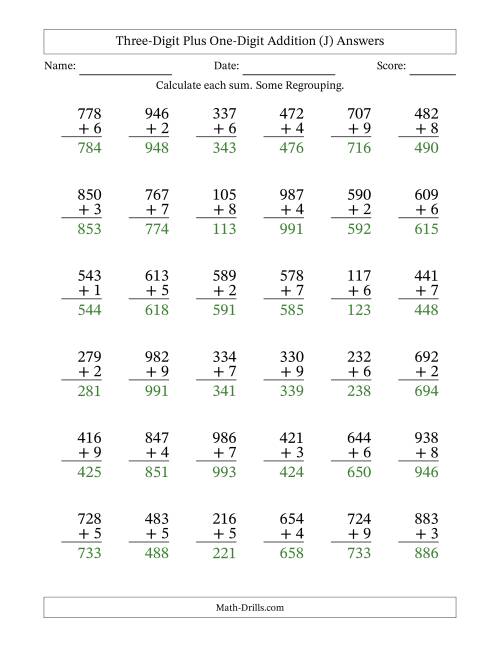The Three-Digit Plus One-Digit Addition With Some Regrouping – 36 Questions (J) Math Worksheet Page 2