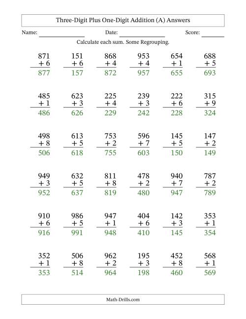 The Three-Digit Plus One-Digit Addition With Some Regrouping – 36 Questions (All) Math Worksheet Page 2