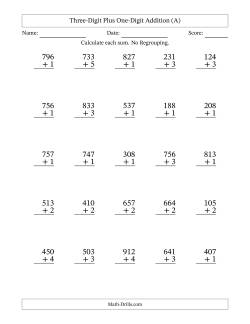 Three-Digit Plus One-Digit Addition With No Regrouping – 25 Questions