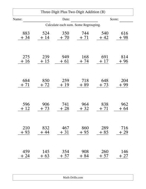 The Three-Digit Plus Two-Digit Addition With Some Regrouping – 36 Questions (B) Math Worksheet