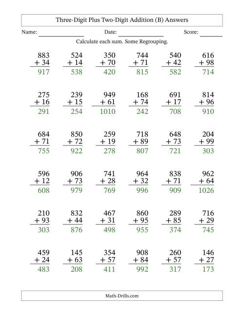 The Three-Digit Plus Two-Digit Addition With Some Regrouping – 36 Questions (B) Math Worksheet Page 2