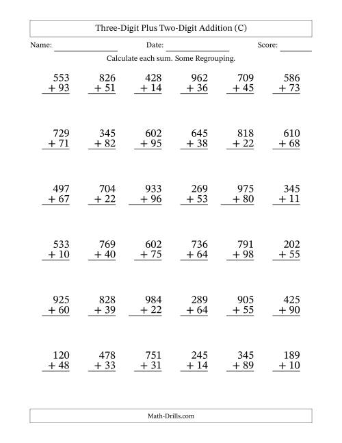 The Three-Digit Plus Two-Digit Addition With Some Regrouping – 36 Questions (C) Math Worksheet