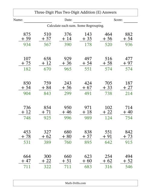 The Three-Digit Plus Two-Digit Addition With Some Regrouping – 36 Questions (E) Math Worksheet Page 2