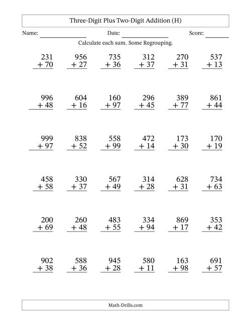 The Three-Digit Plus Two-Digit Addition With Some Regrouping – 36 Questions (H) Math Worksheet