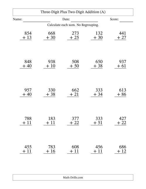 The Three-Digit Plus Two-Digit Addition With No Regrouping – 25 Questions (A) Math Worksheet
