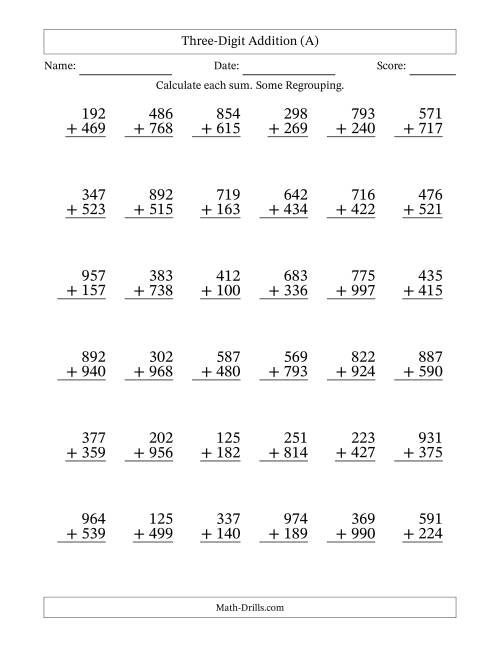 The Three-Digit Addition With Some Regrouping – 36 Questions (A) Math Worksheet