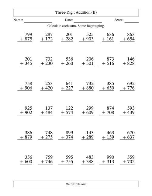 The Three-Digit Addition With Some Regrouping – 36 Questions (B) Math Worksheet