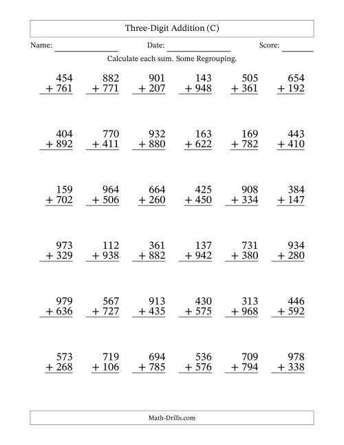 The Three-Digit Addition With Some Regrouping – 36 Questions (C) Math Worksheet