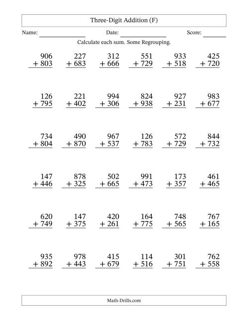 The Three-Digit Addition With Some Regrouping – 36 Questions (F) Math Worksheet