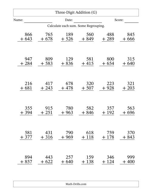 The Three-Digit Addition With Some Regrouping – 36 Questions (G) Math Worksheet