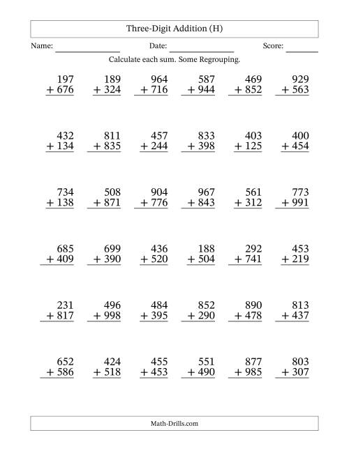 The Three-Digit Addition With Some Regrouping – 36 Questions (H) Math Worksheet
