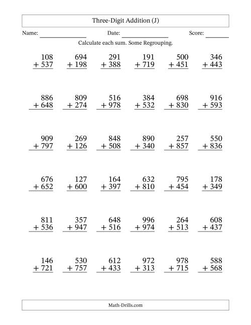 The Three-Digit Addition With Some Regrouping – 36 Questions (J) Math Worksheet