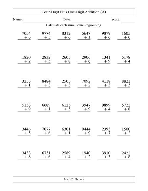 The Four-Digit Plus One-Digit Addition With Some Regrouping – 36 Questions (A) Math Worksheet