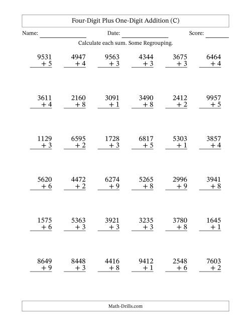 The Four-Digit Plus One-Digit Addition With Some Regrouping – 36 Questions (C) Math Worksheet