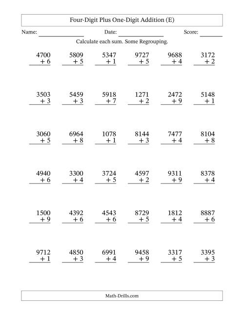 The Four-Digit Plus One-Digit Addition With Some Regrouping – 36 Questions (E) Math Worksheet