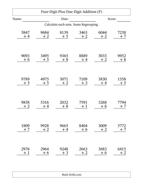 The Four-Digit Plus One-Digit Addition With Some Regrouping – 36 Questions (F) Math Worksheet