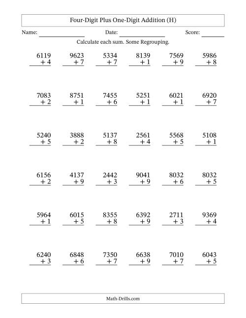 The Four-Digit Plus One-Digit Addition With Some Regrouping – 36 Questions (H) Math Worksheet