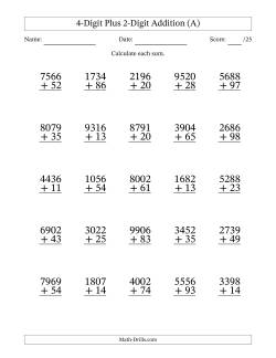 4-Digit Plus 2-Digit Addition With Some Regrouping (25 Questions)
