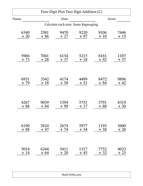 The Four-Digit Plus Two-Digit Addition With Some Regrouping – 36 Questions (C) Math Worksheet