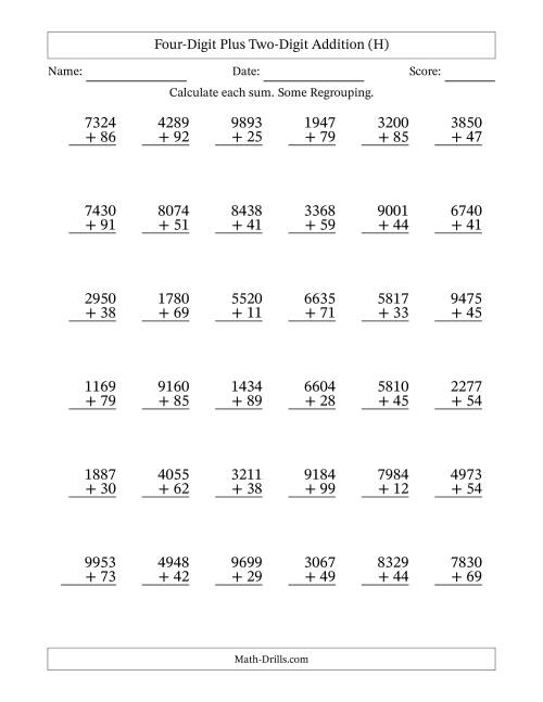 The Four-Digit Plus Two-Digit Addition With Some Regrouping – 36 Questions (H) Math Worksheet