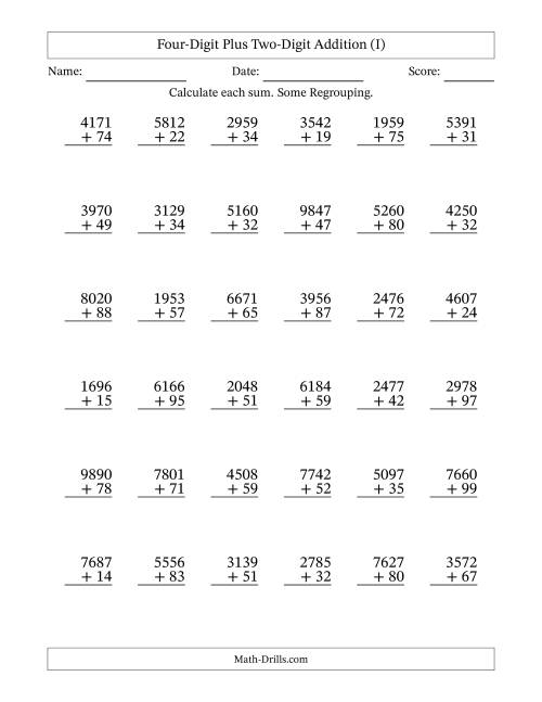 The Four-Digit Plus Two-Digit Addition With Some Regrouping – 36 Questions (I) Math Worksheet