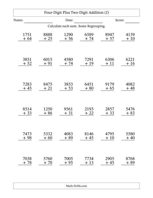 The Four-Digit Plus Two-Digit Addition With Some Regrouping – 36 Questions (J) Math Worksheet