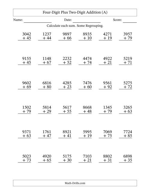 The Four-Digit Plus Two-Digit Addition With Some Regrouping – 36 Questions (All) Math Worksheet