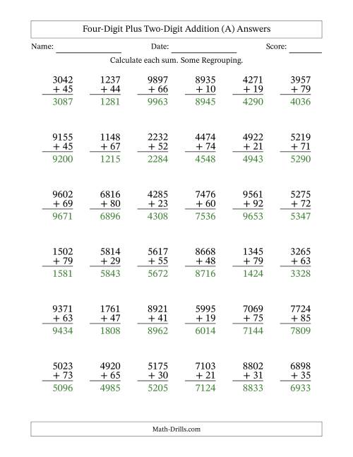 The Four-Digit Plus Two-Digit Addition With Some Regrouping – 36 Questions (All) Math Worksheet Page 2