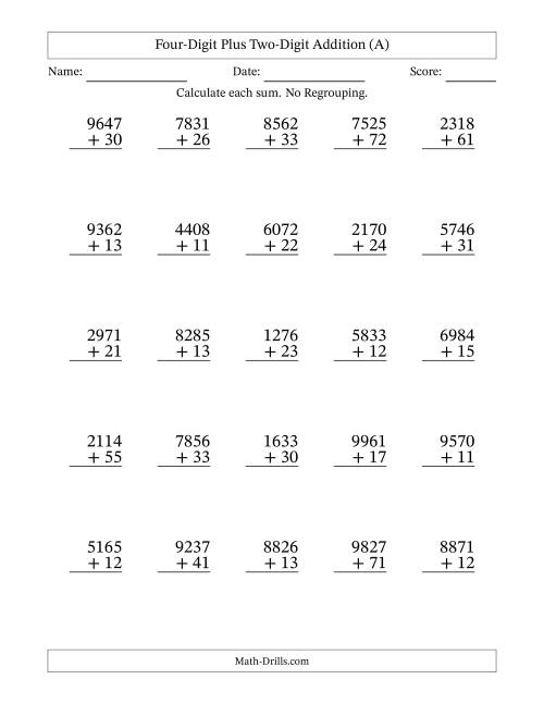 The Four-Digit Plus Two-Digit Addition With No Regrouping – 25 Questions (A) Math Worksheet