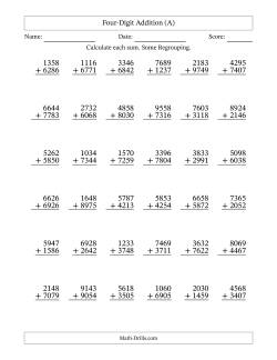Four-Digit Addition With Some Regrouping – 36 Questions