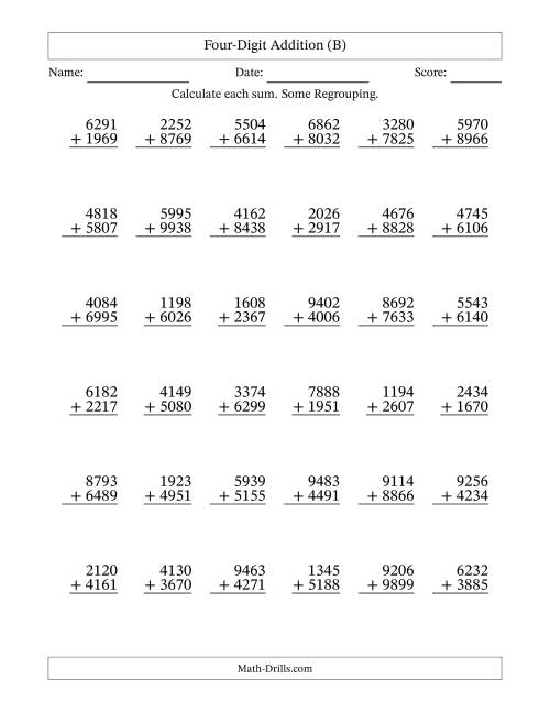 The Four-Digit Addition With Some Regrouping – 36 Questions (B) Math Worksheet