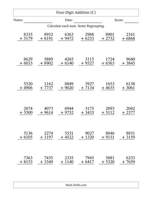 The Four-Digit Addition With Some Regrouping – 36 Questions (C) Math Worksheet