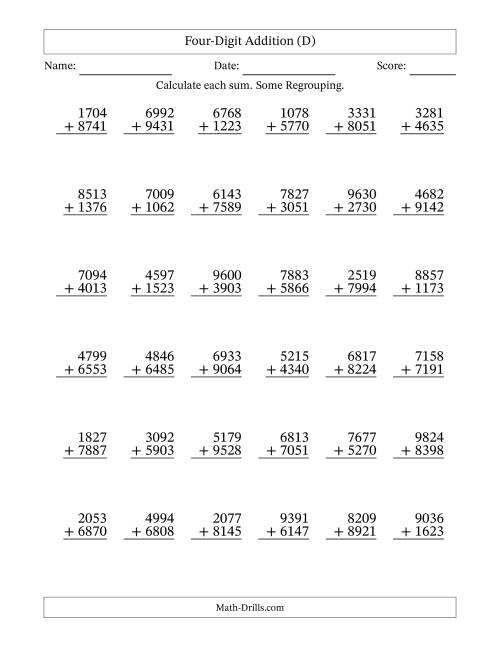 The Four-Digit Addition With Some Regrouping – 36 Questions (D) Math Worksheet
