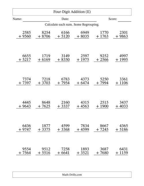 The Four-Digit Addition With Some Regrouping – 36 Questions (E) Math Worksheet