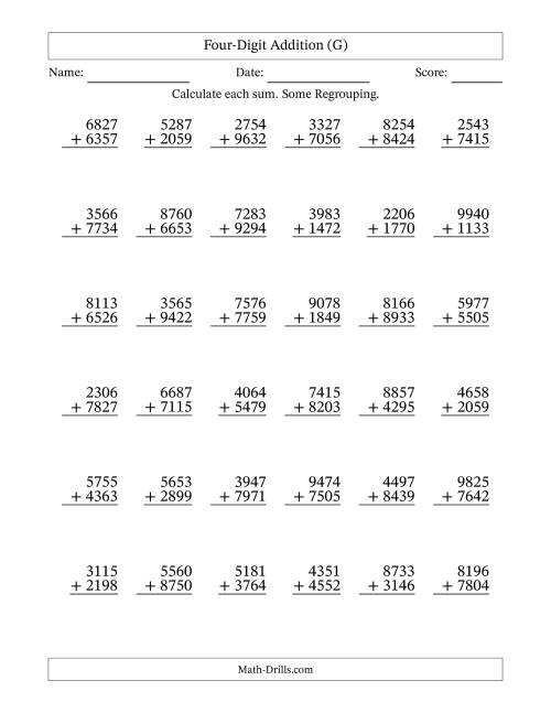 The Four-Digit Addition With Some Regrouping – 36 Questions (G) Math Worksheet