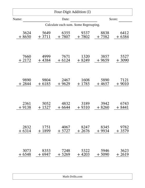 The Four-Digit Addition With Some Regrouping – 36 Questions (I) Math Worksheet