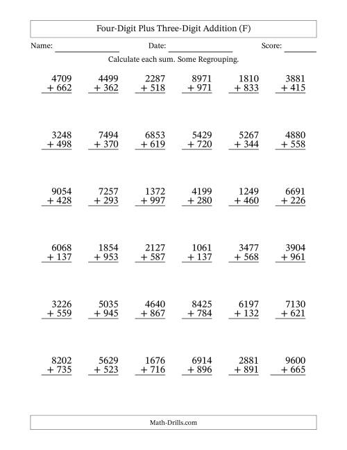 The Four-Digit Plus Three-Digit Addition With Some Regrouping – 36 Questions (F) Math Worksheet