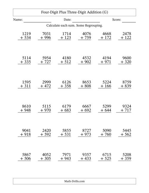 The Four-Digit Plus Three-Digit Addition With Some Regrouping – 36 Questions (G) Math Worksheet